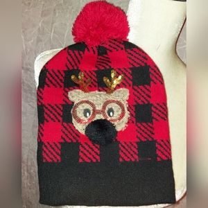 Womens Red Plaid Oh Deer Holiday Beanie Hat Christmas Reindeer Stocking Cap